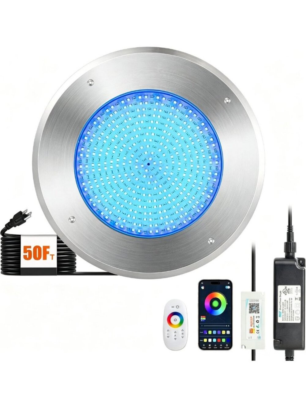 10in LED Pool Light 54W RGBW Color Changing, App/Remote Control, IP68 Waterproof